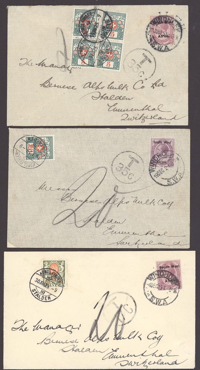 South West Africa Postage Due 1921-52, six underpaid covers to overseas ...
