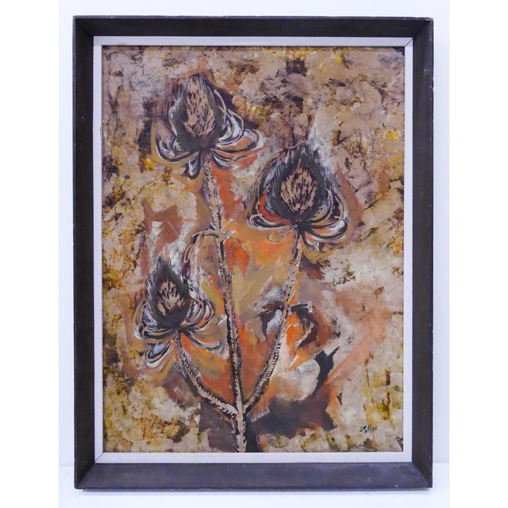 Louise (Lou) Wilson (1927-1983, Washington) MCM Painted Batik Floral Still Life Framed.