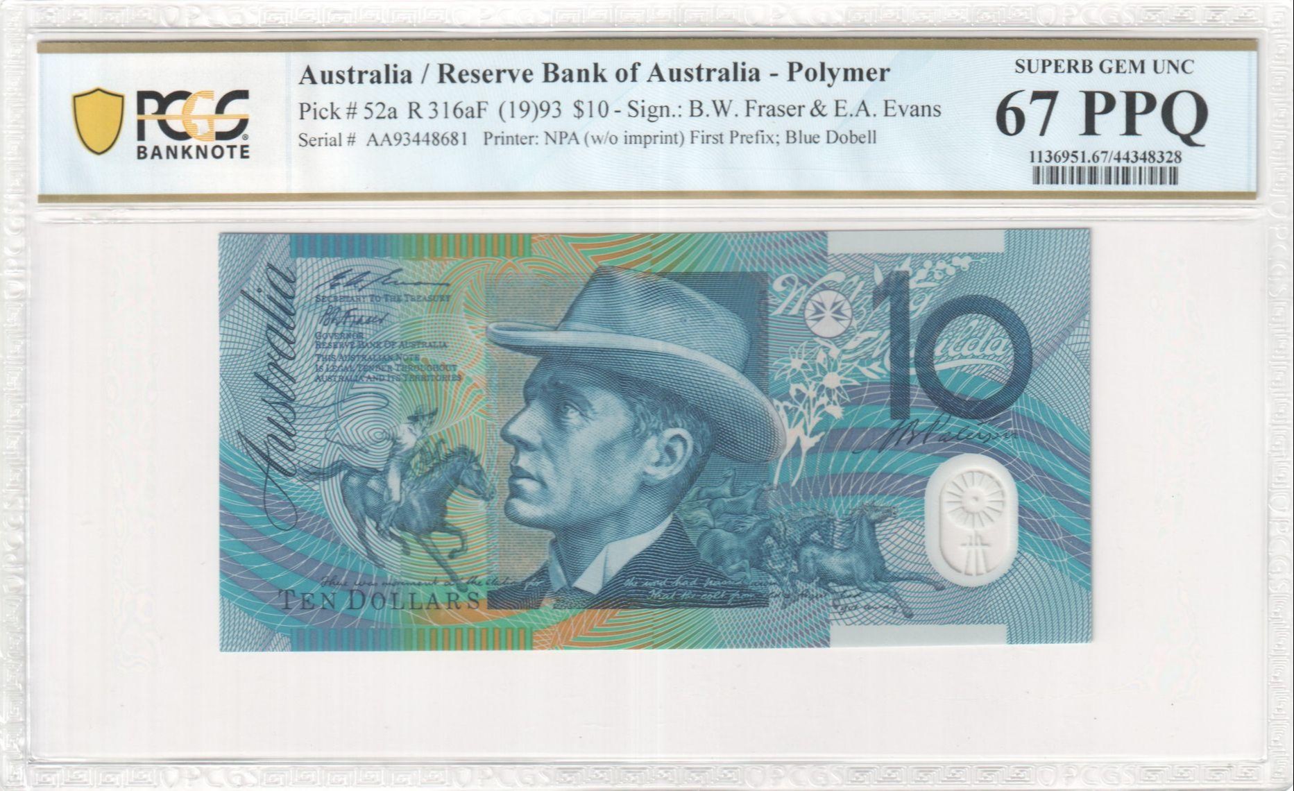 174 · RBA, Polymer, Sign.: B.W. Fraser & E.A. Evans, First Prefix; Blue Dobell, Ten Dollar, 1993, PCGS - Superb Gem UNC 67 PPQ