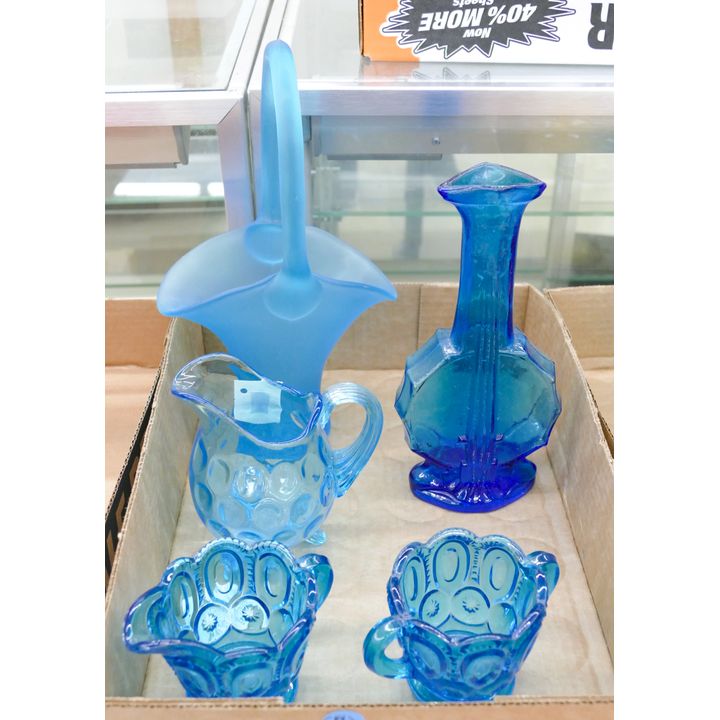 Box 5pc Blue Tiffin Satin Basket etc.