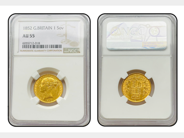 1852 VICTORIA YOUNG HEAD LONDON MINT SHIELD GOLD SOVEREIGN NGC AU55