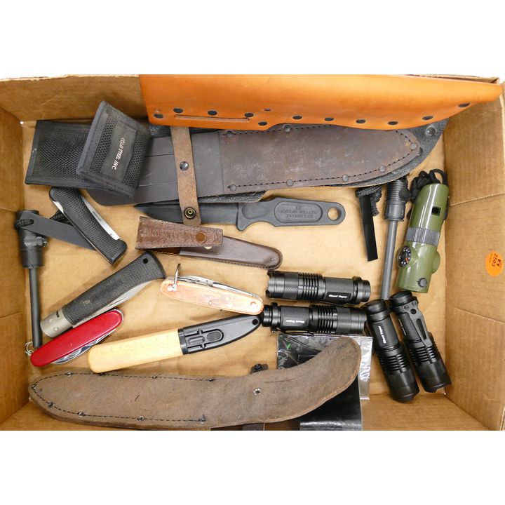 Box Hunting and Survival Items including Knives, Sheaths, Fire Strikers, Ghost Vapor Flash Lights, etc