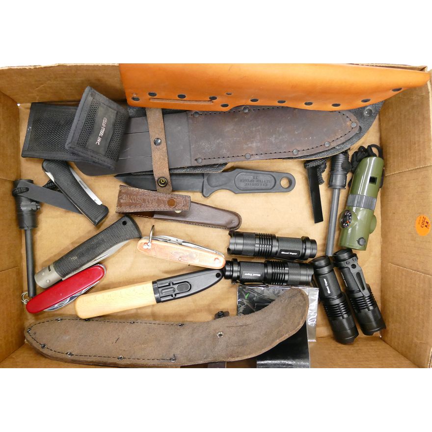 Box Hunting and Survival Items including Knives, Sheaths, Fire Strikers, Ghost Vapor Flash Lights, etc