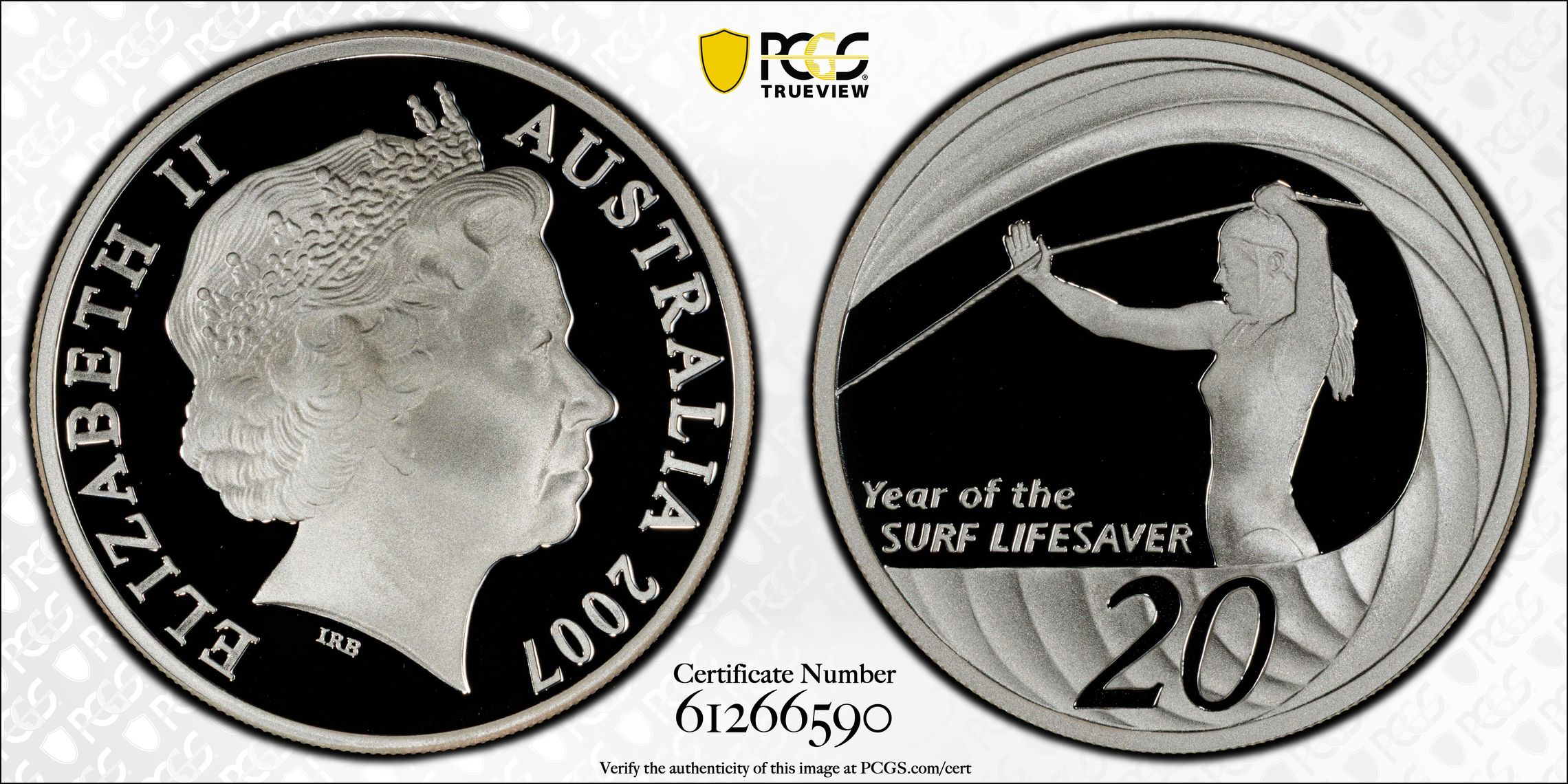 Surf Lifesaver Silver, POP 5/0, Twenty Cent, 2007, PCGS PR70DCAM