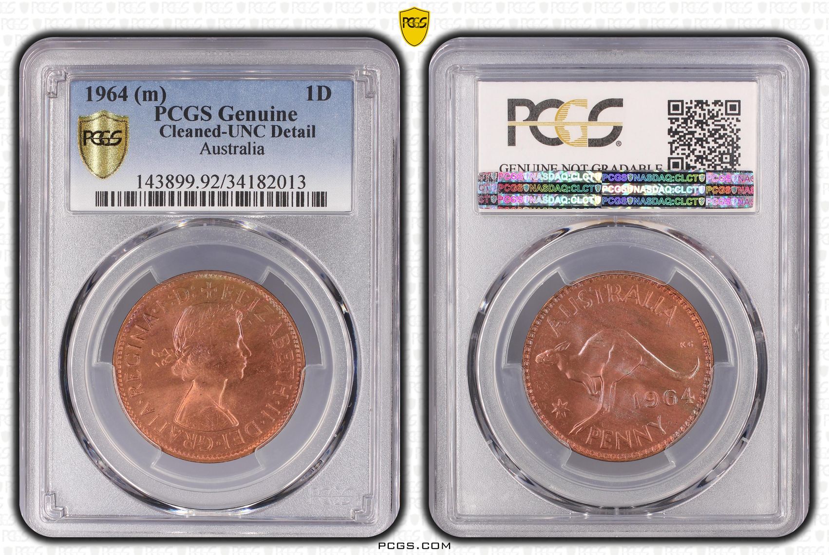 Elizabeth II, Penny, 1964, PCGS Genuine - UNC Details (92 - Cleaned)