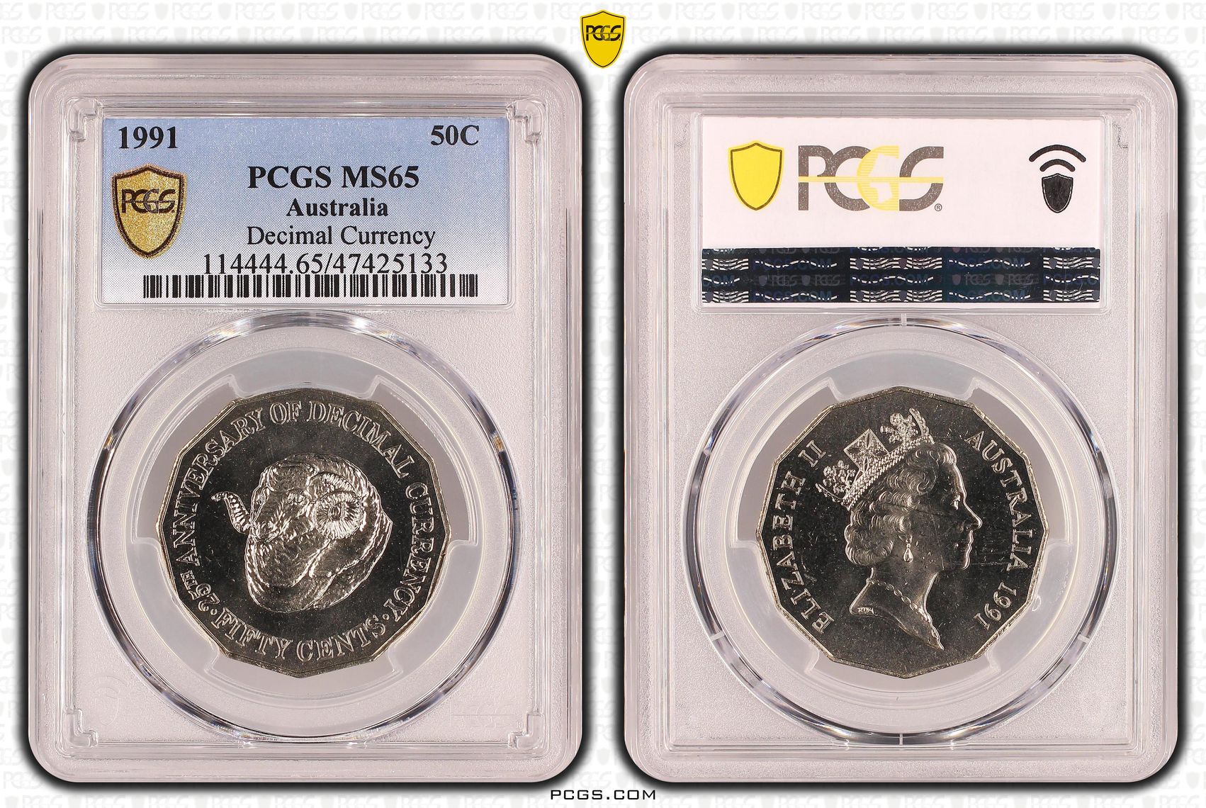 83 · 25th Anniversary Decimal Currency , Fifty Cent, 1991, PCGS MS65
