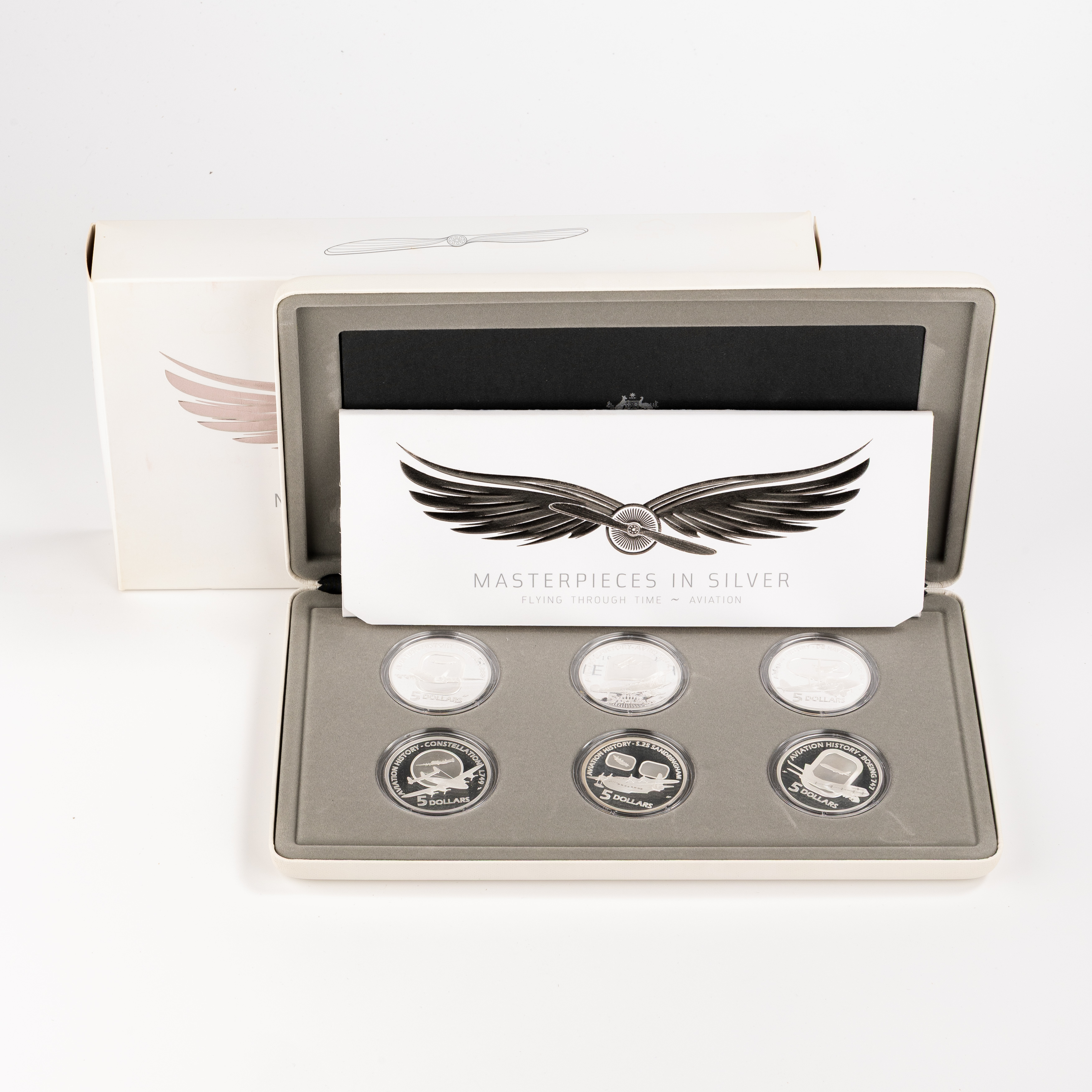 292 · Elizabeth II, RAM - Masterpieces in Silver, Flying Through Time - Aviation, Five Dollars, 2008, FDC