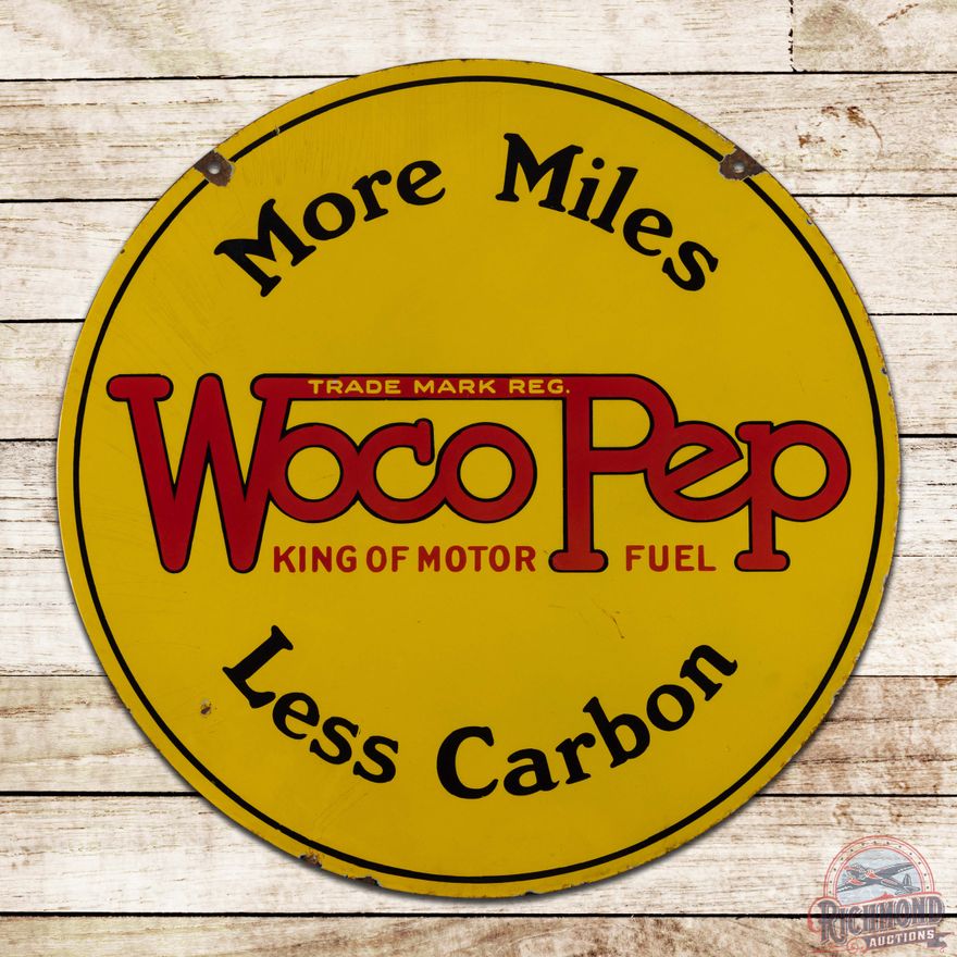 Scarce Woco Pep "King of Motor Fuel" 25" Double Sided Porcelain Sign