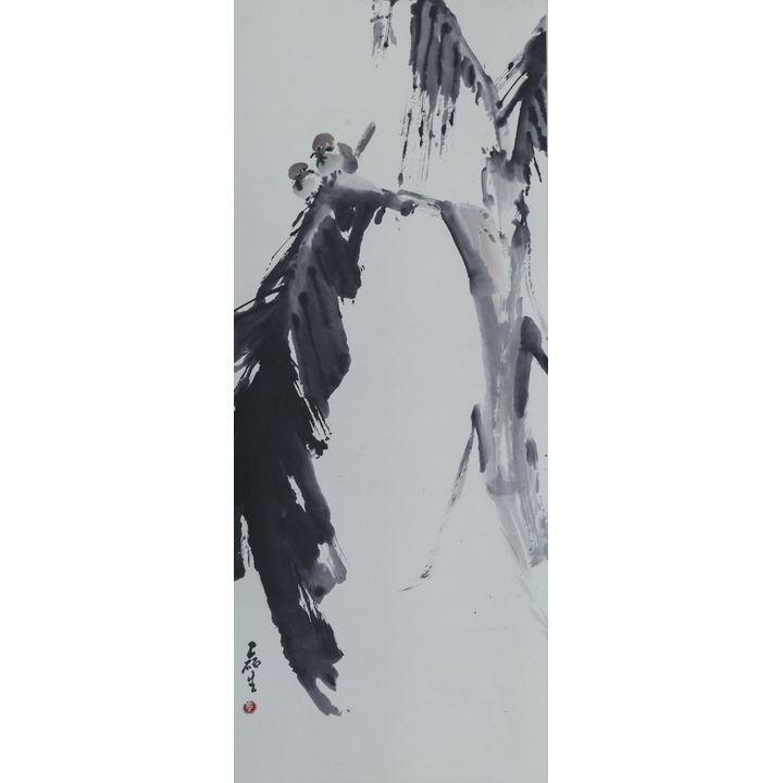 Chinese Sparrows on Palm Branch Scroll Painting 39.5''x16'' Image