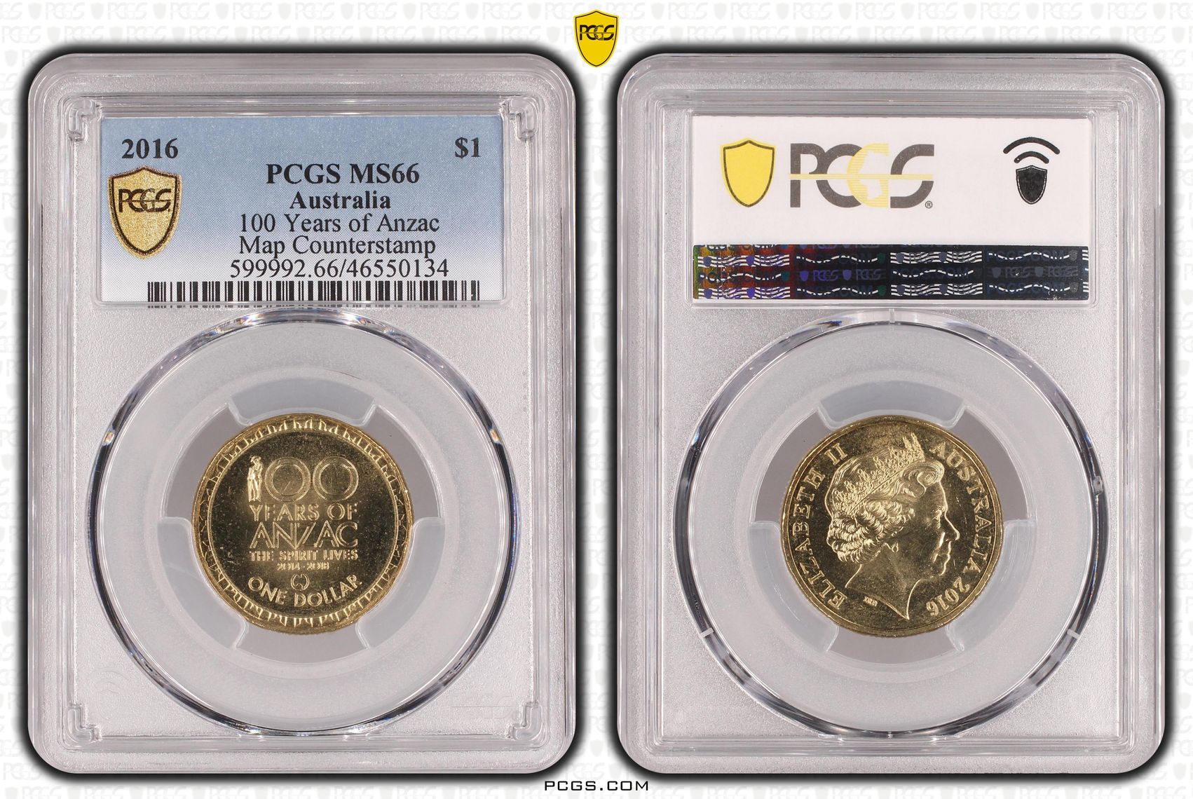 Elizabeth II, 100 Years of Anzac, Map Counterstamp, One Dollar, 2016, PCGS MS66