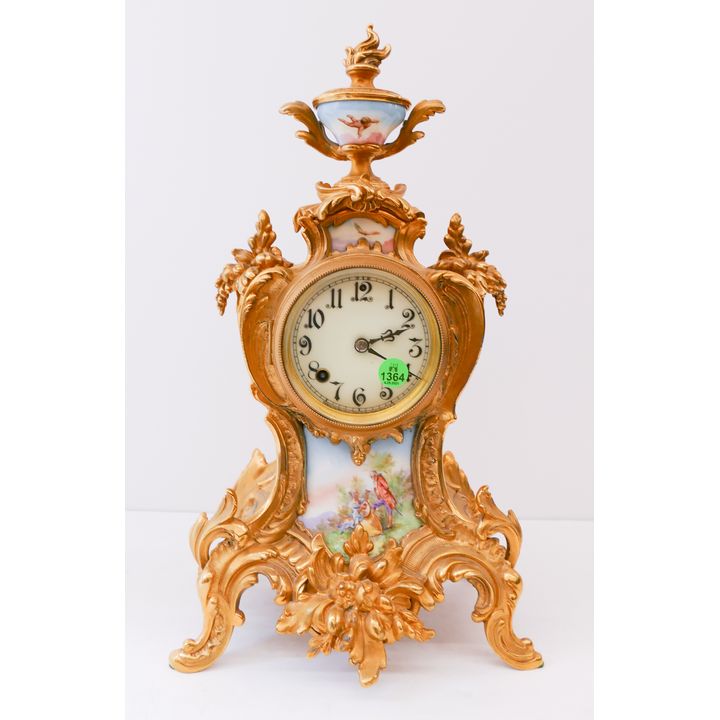 Antique French Gilt Rococo Porcelain Insert Mantle Clock- 17''