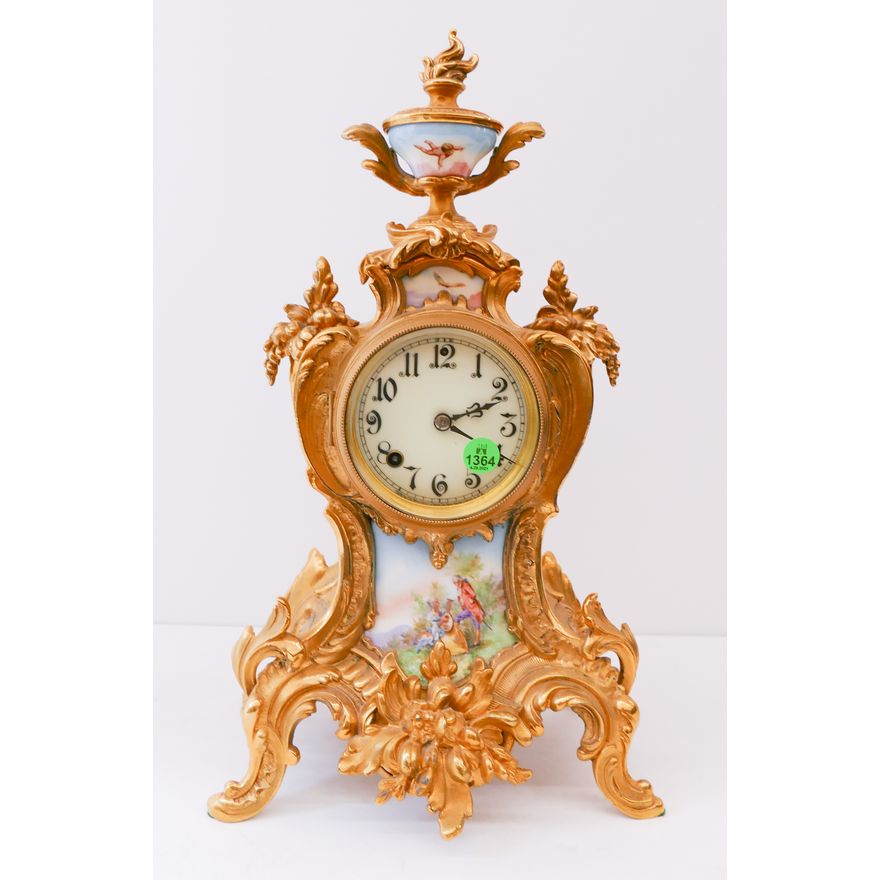 Antique French Gilt Rococo Porcelain Insert Mantle Clock- 17''
