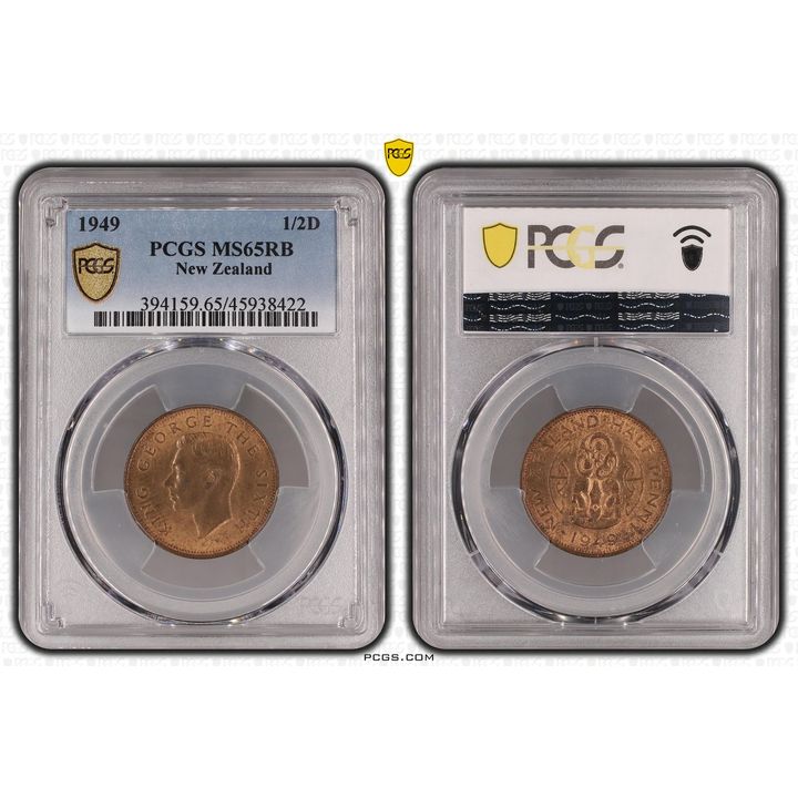 1949 New Zealand Half Penny PCGS - MS65RB POP 3/0 -422