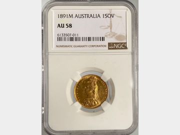 1891 VICTORIA JUBILEE HEAD MELBOURNE 'LONG TAIL' GOLD SOVEREIGN AU58