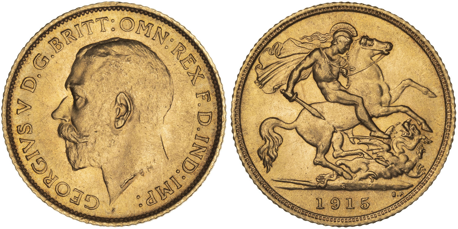 George V, St George Reverse , Half Sovereign, 1915-S, UNC