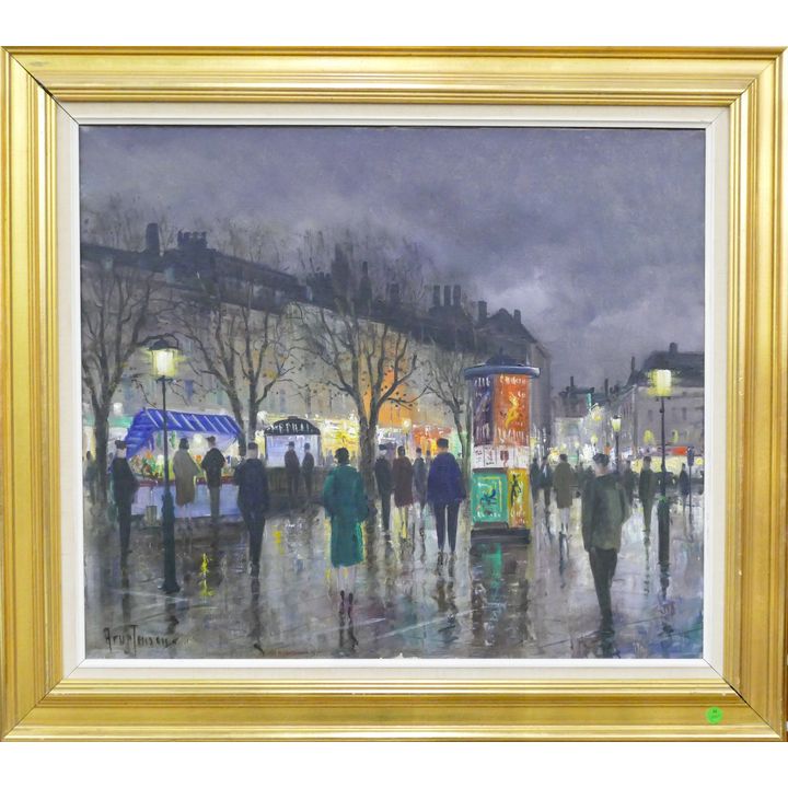 Vintage Parisian Street Scene Oil on Canvas Framed 31''x35'' - Illegibly Signed