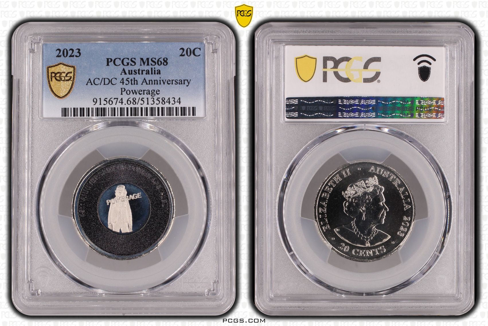 AC/DC 45th Anniversary - Powerage, Twenty Cent, 2023, PCGS MS68