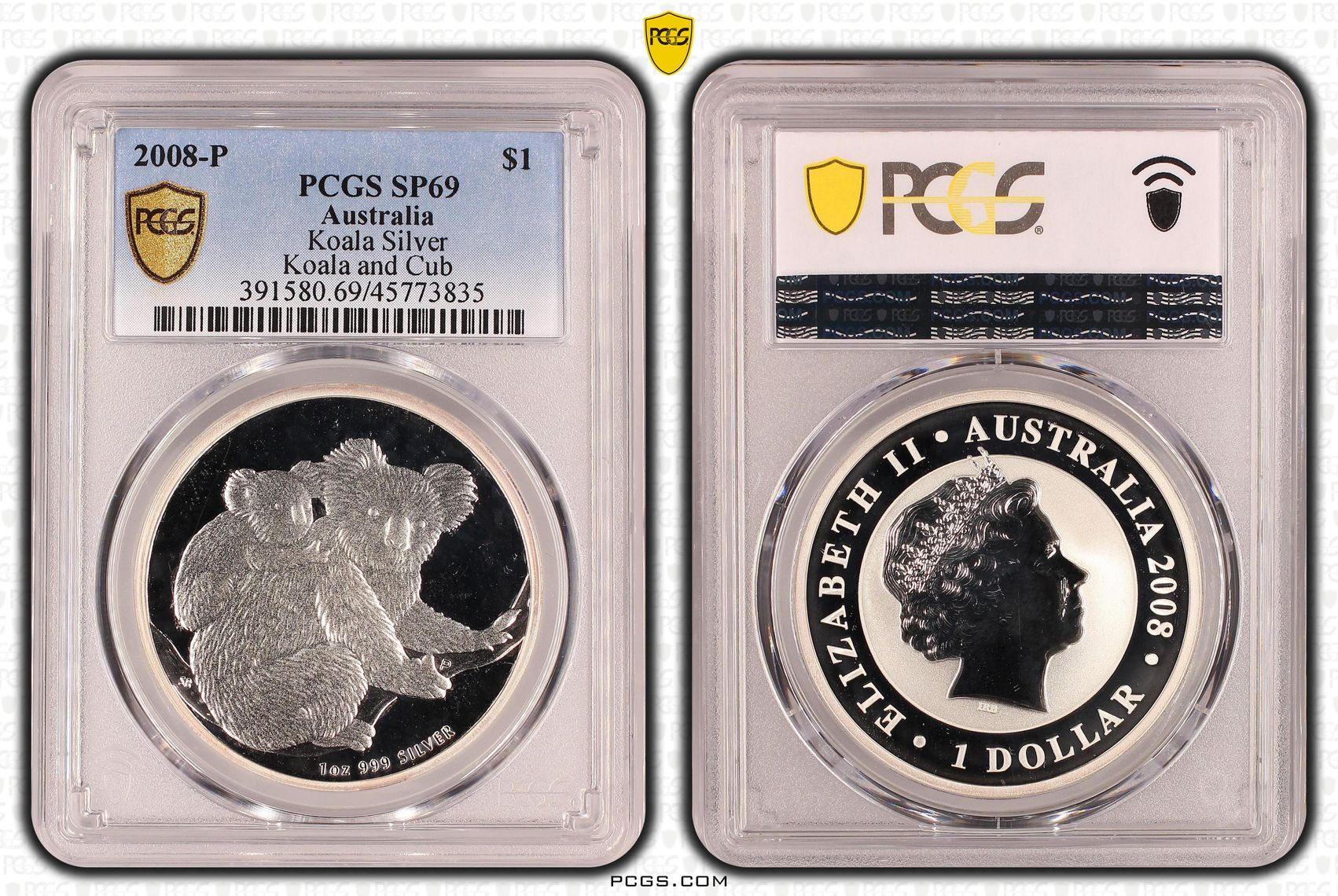 Elizabeth II, Koala Silver - Koala with cub on back, One Dollar, 2008-P, PCGS SP 69