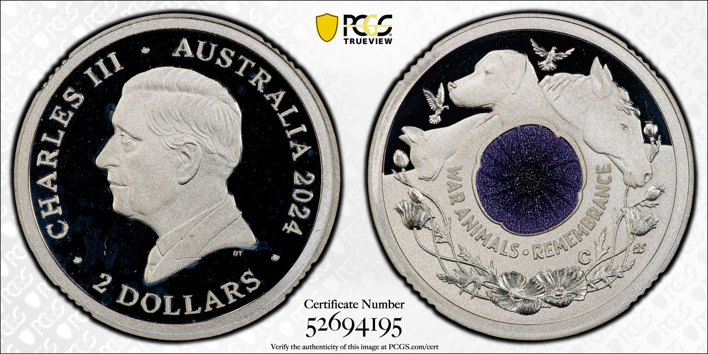 War Animal Remembrance Silver Colourised, Two Dollar, 2024-C, PCGS PR66DCAM