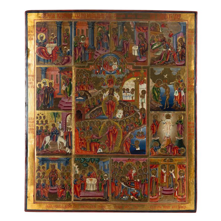 Ikona - Zmartwychwstanie Chrystusa i 12 Świąt Cerkiewnych (Prazdnik),Wietka XIX w.
