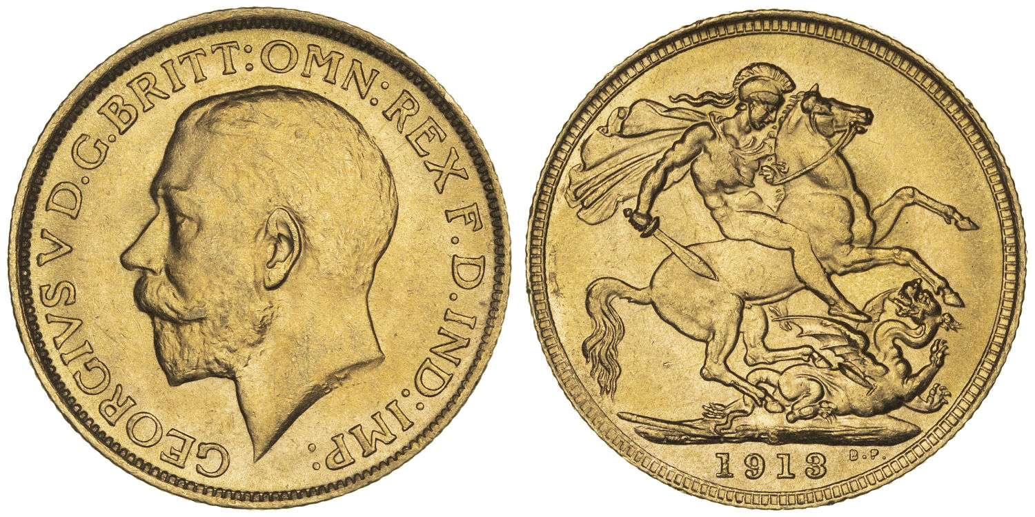 George V, St George Reverse, Sovereign, 1913-S, aEF