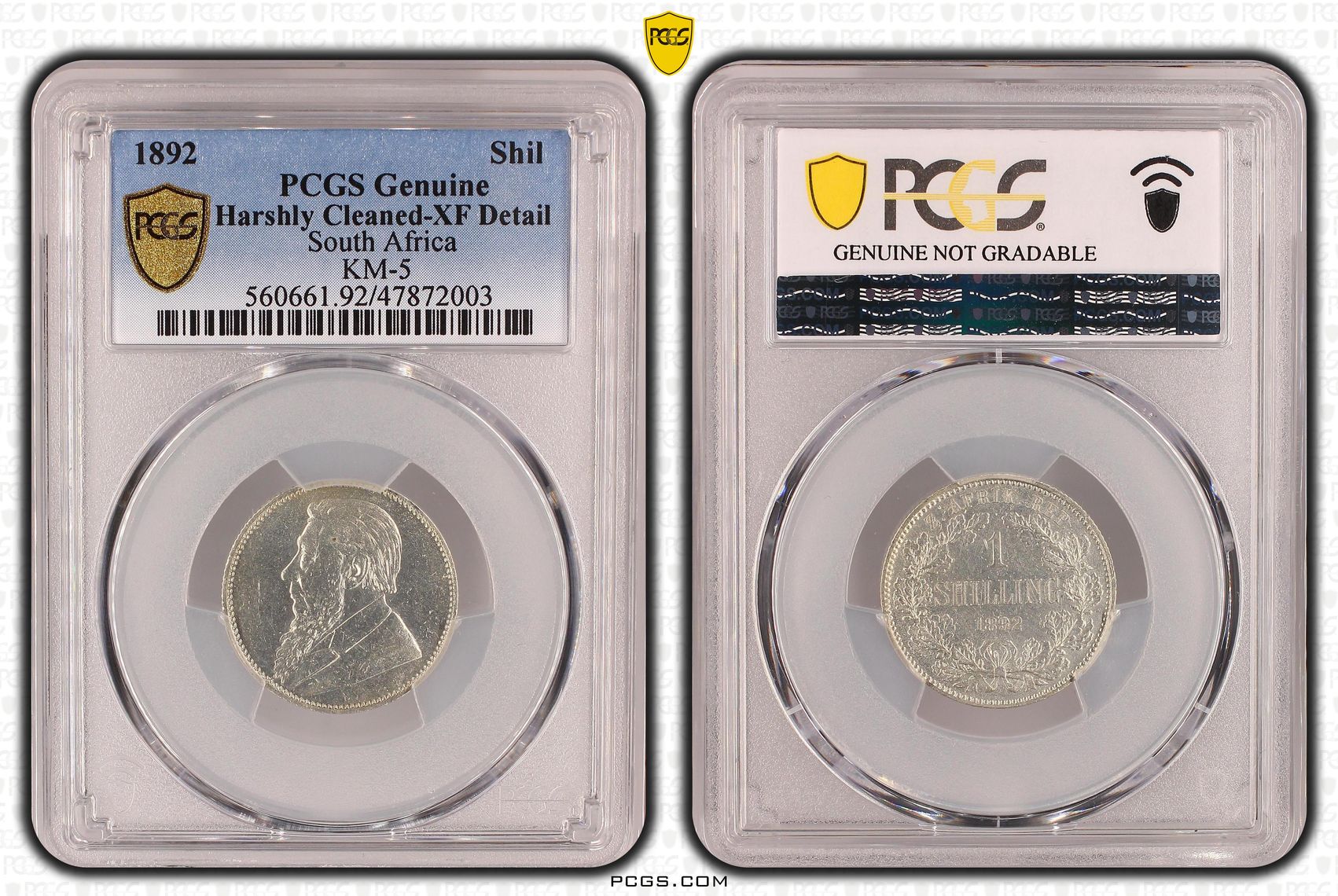 South Africa, Shilling, 1892, PCGS Genuine - XF Details (92 - Cleaned)