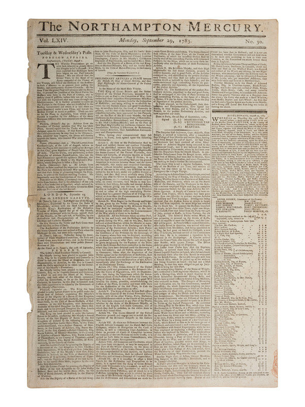 [REVOLUTIONARY WAR]. Northampton Mercury. Vol LXIV, Nos. 30-33. London, England: Thomas Dicey &amp; Co., 29 September - 20 October 1783.
