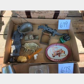 Cast iron alligator, Glass pencil sharpener, other items