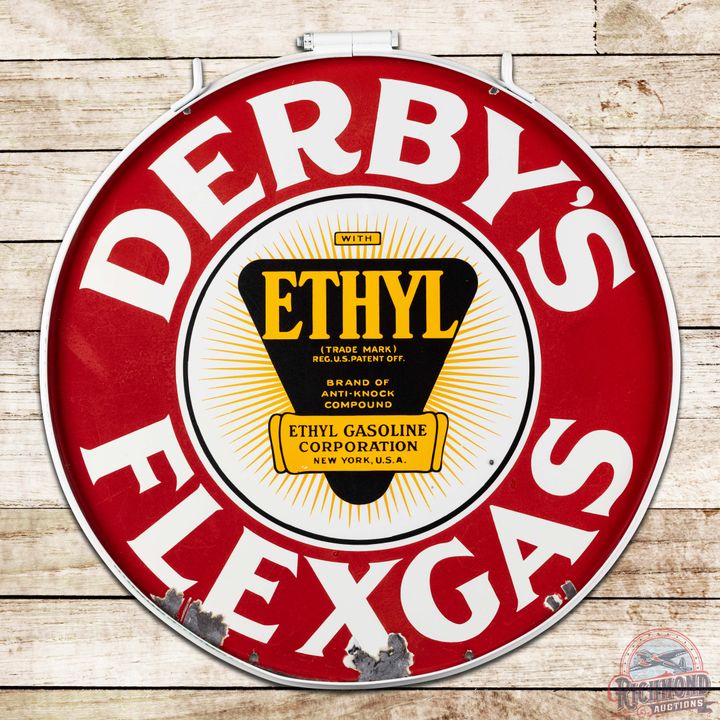 Derby's Flexgas Ethyl Gasoline 30" Double Sided Porcelain Logo Sign w/ Ring