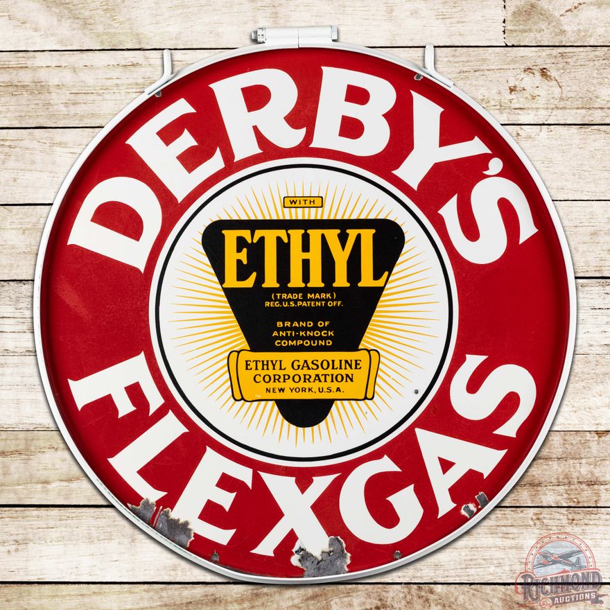Derby's Flexgas Ethyl Gasoline 30" Double Sided Porcelain Logo Sign w/ Ring