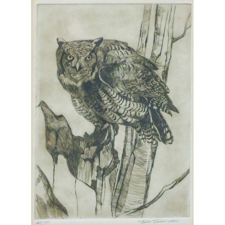 Tom Sander ''Owl'' Etching Framed 14''x11''. S/N 60 of 100.