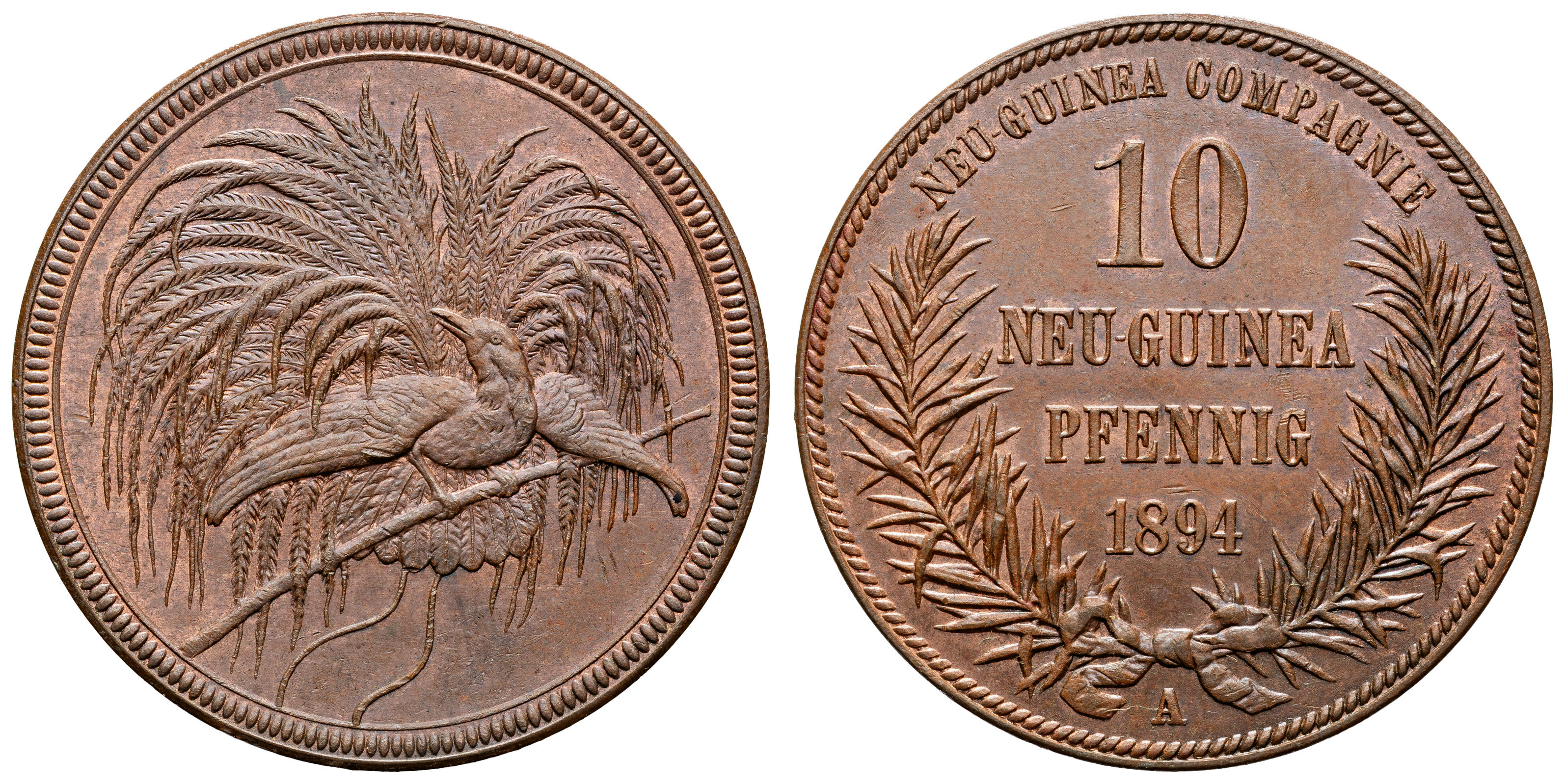 German New Guinea, Friedrich Wilhelm II, Ten Pfennig, 1894-A, gEF