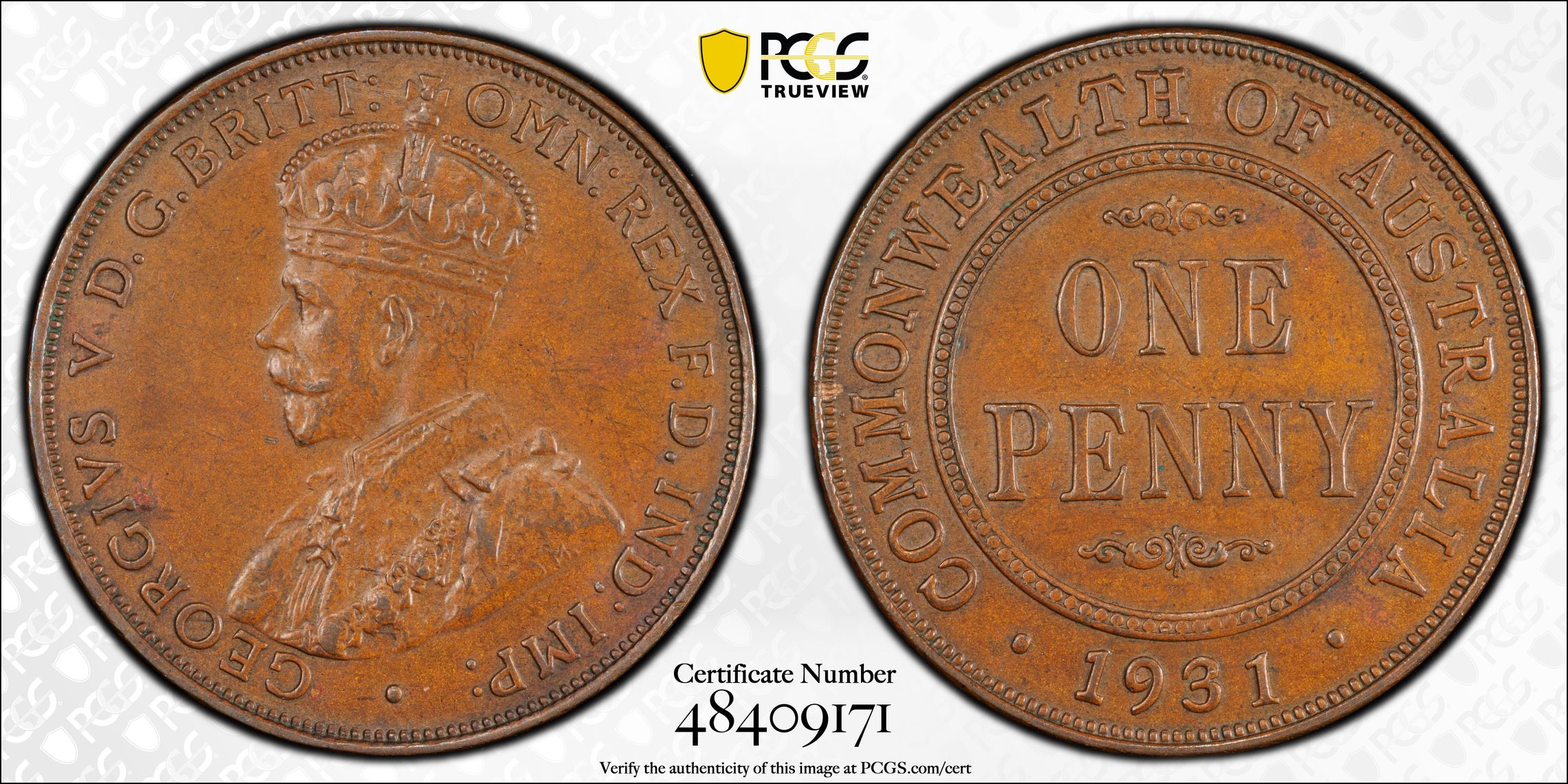 George V, English obverse, Dropped 1, Penny, 1931, PCGS MS63BN