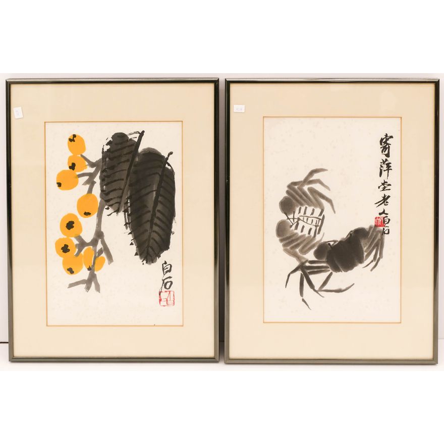 Attributed to Qi Baishi (1864-1957) Crab and Loquats Color Woodcuts