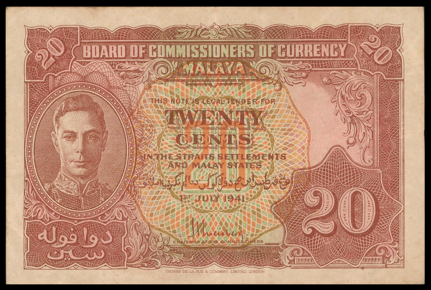 Malaya, 5 Cents & 20 Cents, 1941, F-AU, light foxing (3pcs 