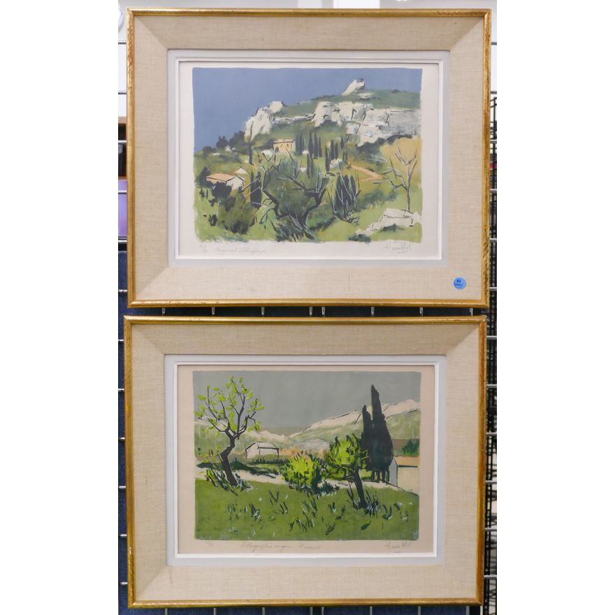 Pair Robert Humblot Pastoral Landscape Original Lithographs S/N