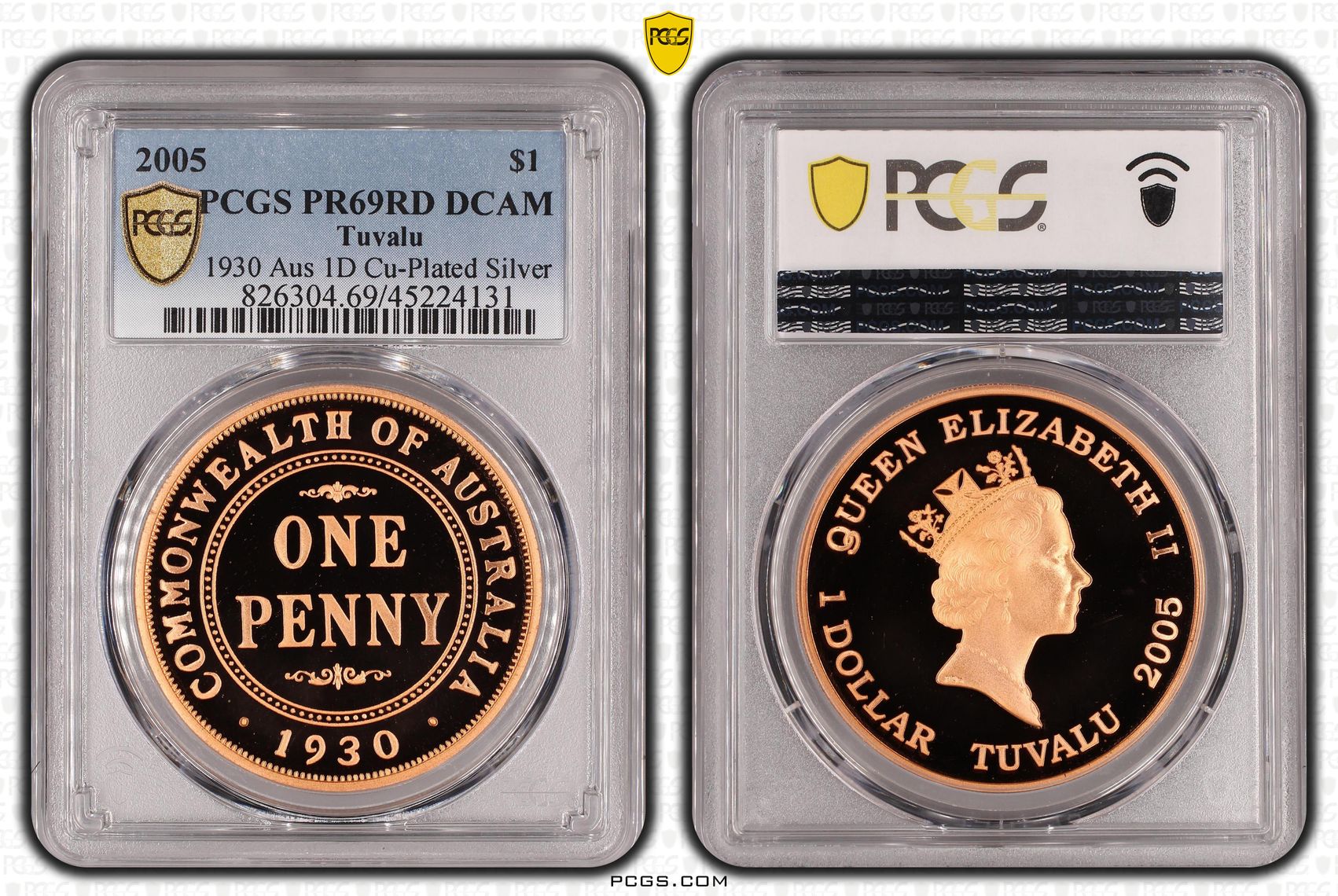 2005 Tuvalu One Dollar, $1 Proof 1930 Aus 1D Cu-Plated Silver PCGS - PR69DCAM POP 2/0 -131