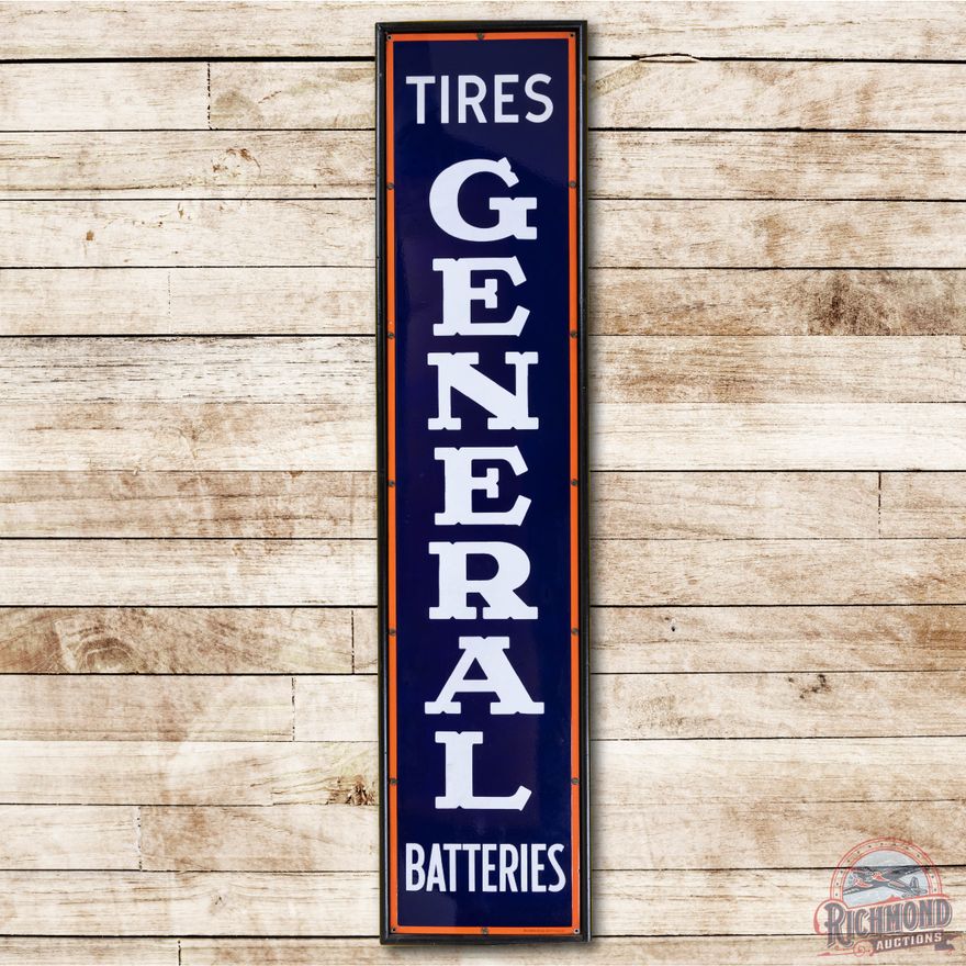 6' General Tires Batteries Porcelain Sign & Original Wood Frame TAC 9.75