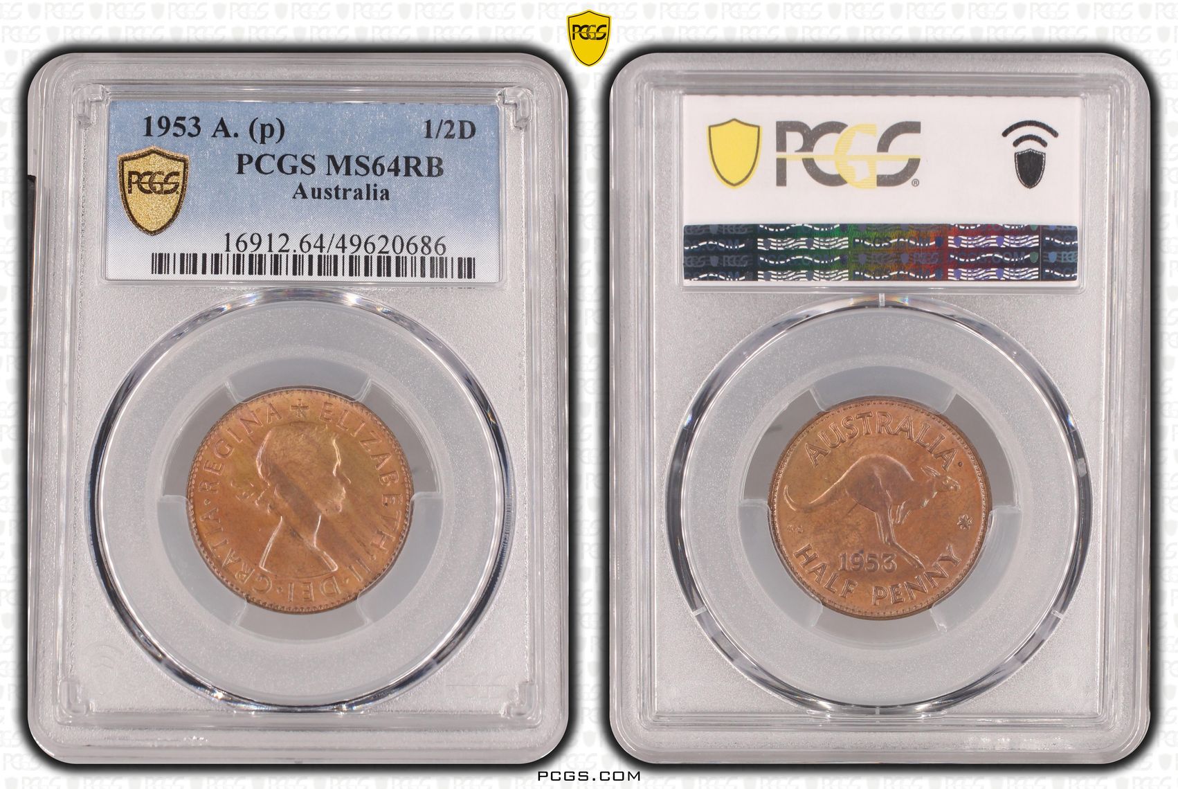 Elizabeth II, Halfpenny, 1953, PCGS MS64RB
