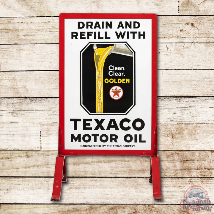 "Drain and Refill with" Texaco Motor Oil Porcelain Sidewalk Sign TAC 9.5