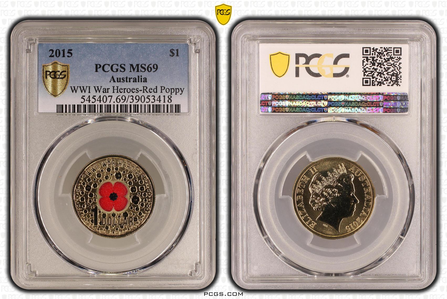 WWI War Heroes-Red Poppy Colorized, One Dollar, 2015, PCGS MS69