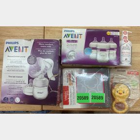 AVENT BREAST PUMP, AVENT BOTTLES, DESIGNER FABRIC SLEEVE & BABY THEETHER