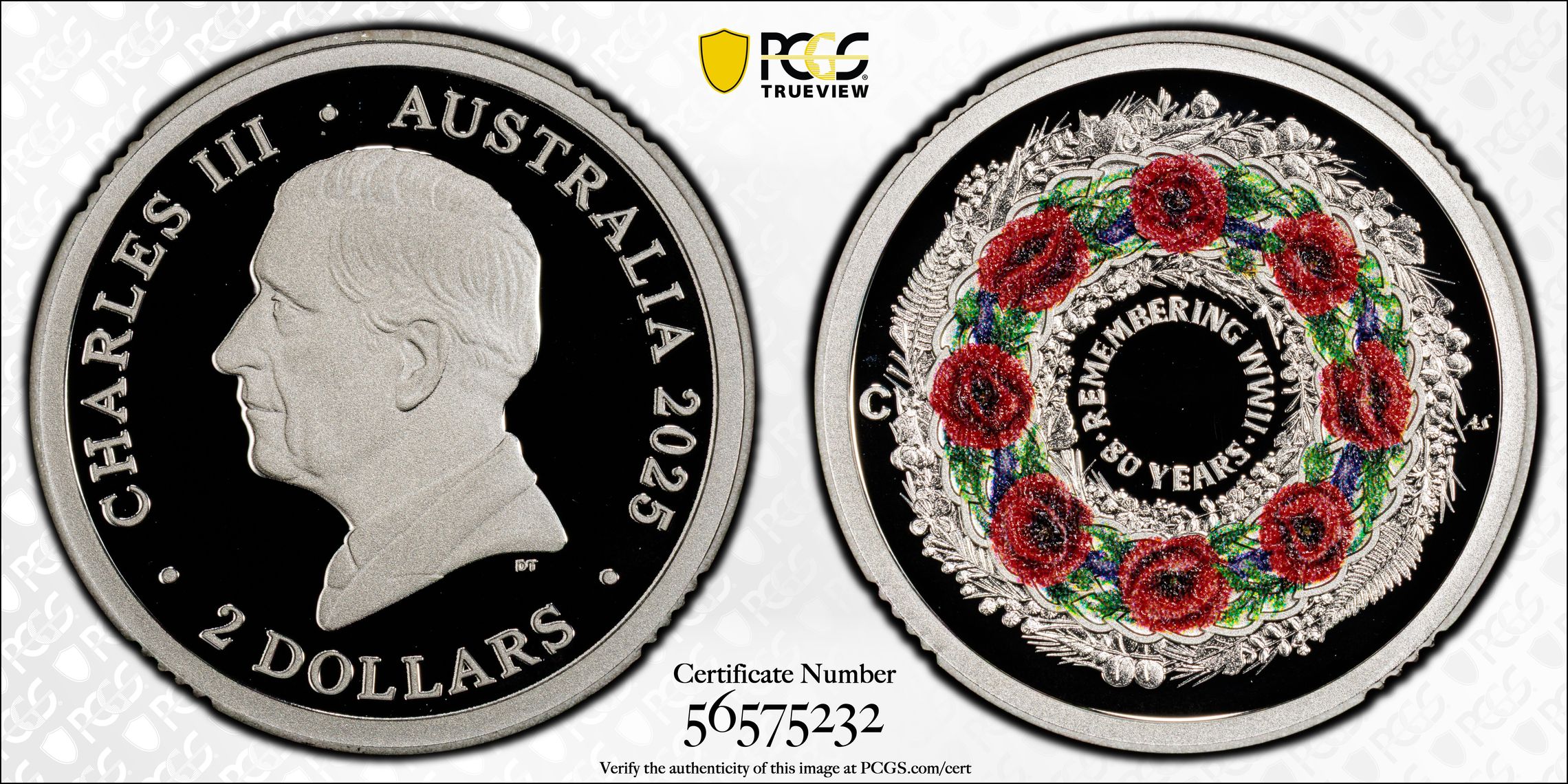 Remembering WWII Colourised Silver, Two Dollar, 2025-C, PCGS PR70DCAM