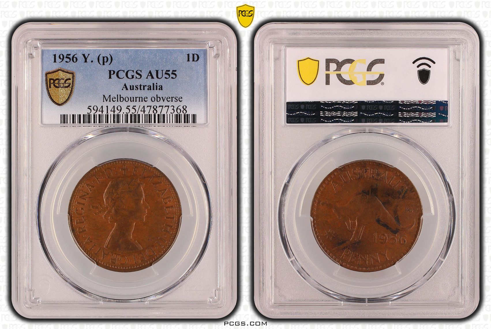 One Penny, 1956-Y., Melbourne obverse, PCGS AU 55BN