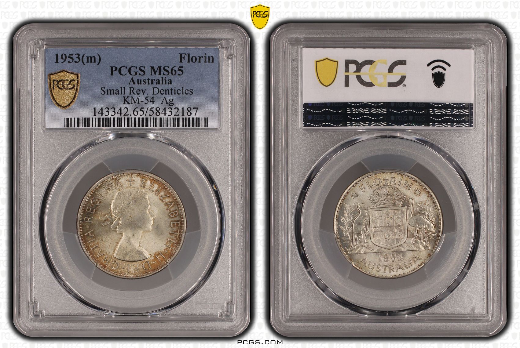 Small Rev. Denticles KM-54 Silver, Florin, 1953(m), PCGS MS65