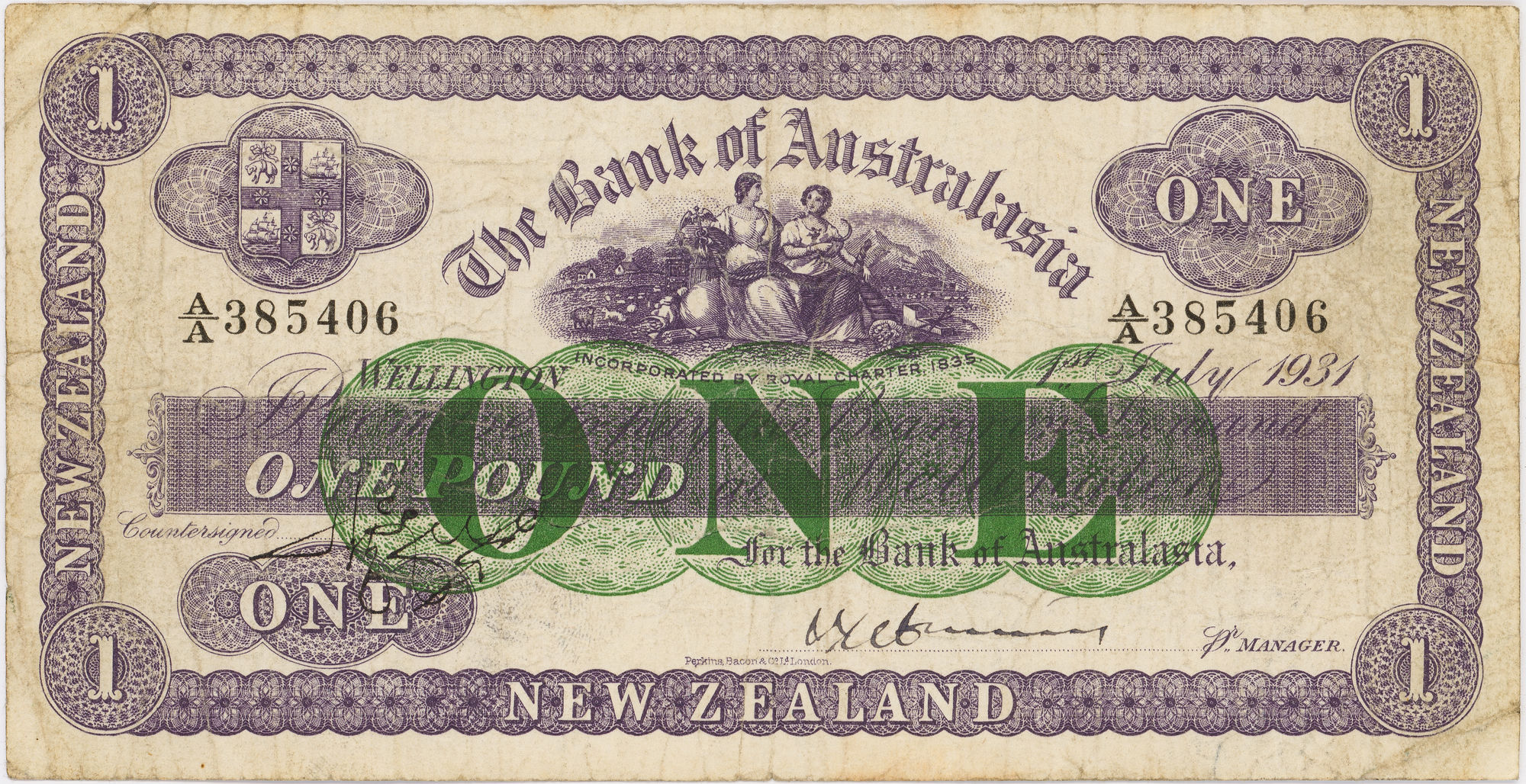 New Zealand, The Bank of Australasia, One Pound, 1931, aFine