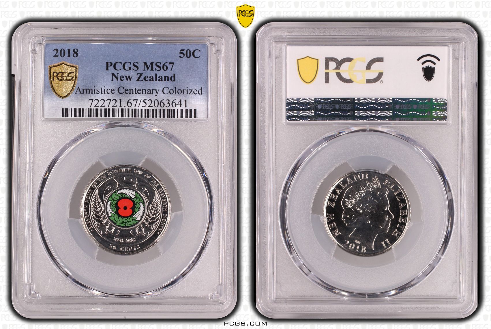New Zealand , Elizabeth II, Armistice Centenary Colourised, Fifty Cent, 2018, PCGS MS67