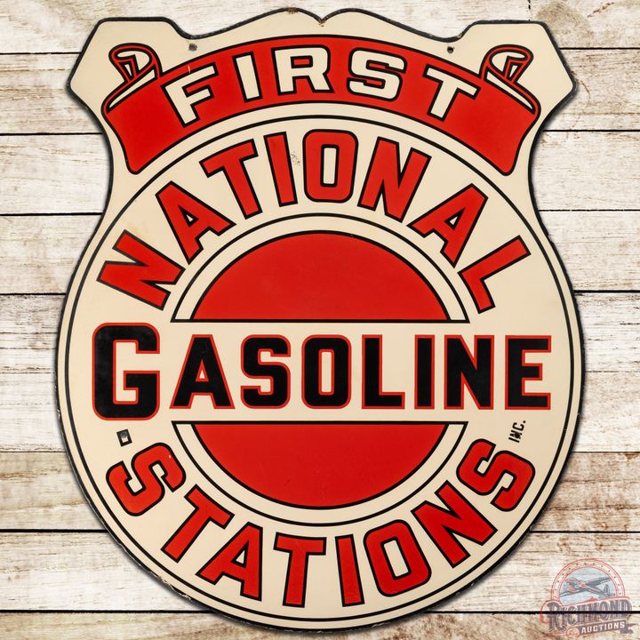 Scarce First National Gasoline Stations Die Cut DS Porcelain Sign