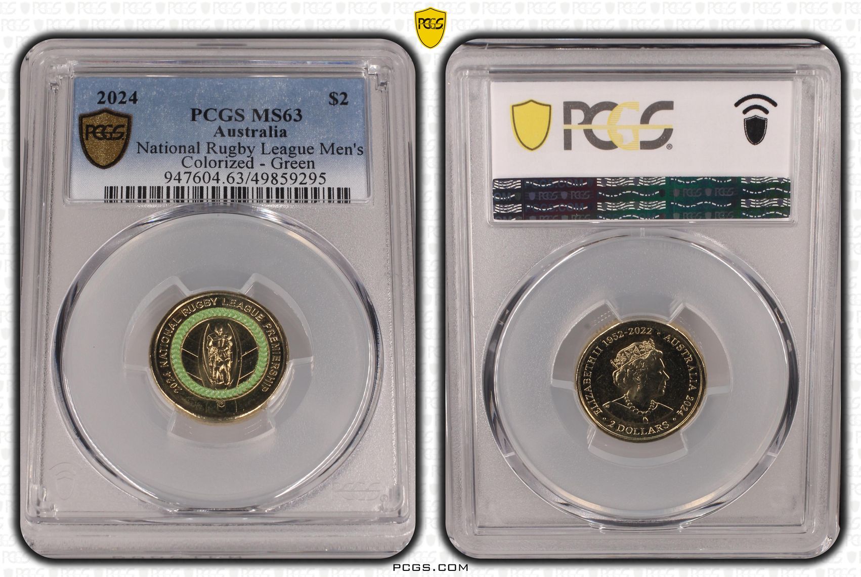 National Rugby League Men's Colorized - Green , Two Dollar, 2024, PCGS MS63