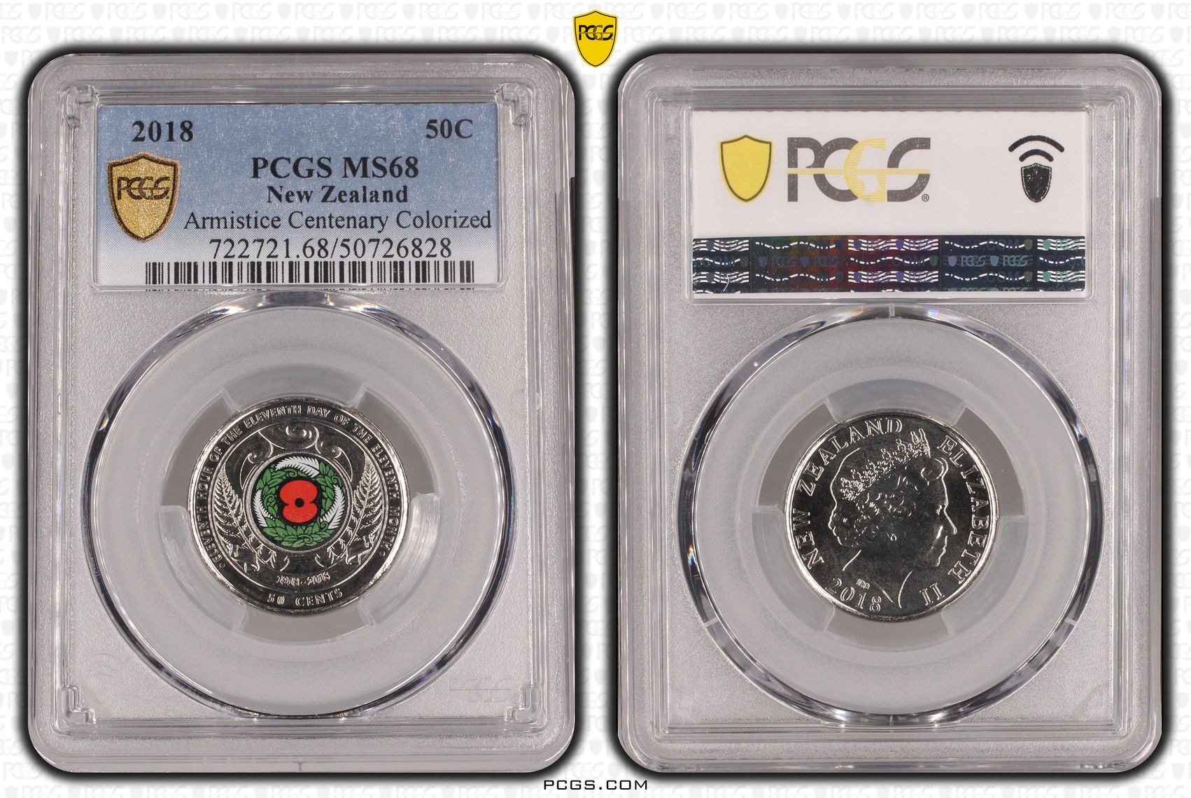 New Zealand, Armistice Centenary Colorized, Fifty Cent, 2018, PCGS MS68